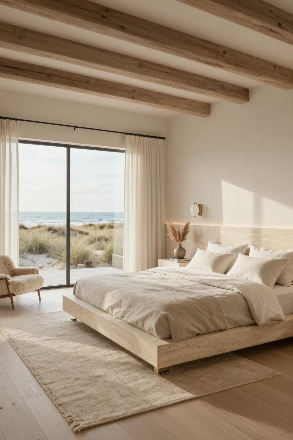 Neutral bedroom aesthetic with French limestone platform bed in Amagansett beach house