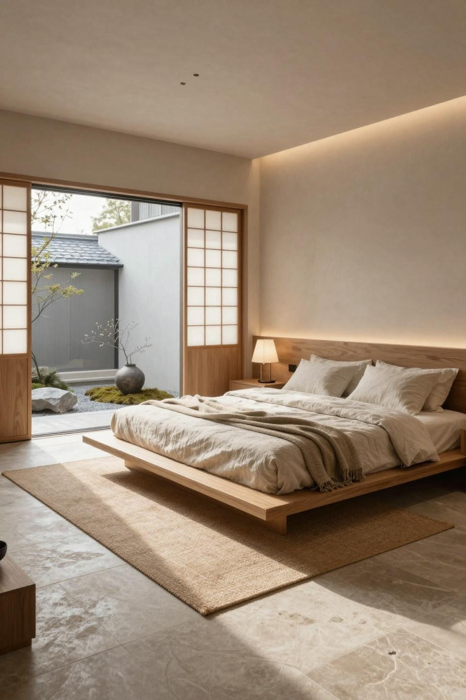 Warm neutral bedroom with white oak platform bed on limestone plinth in Omotesando