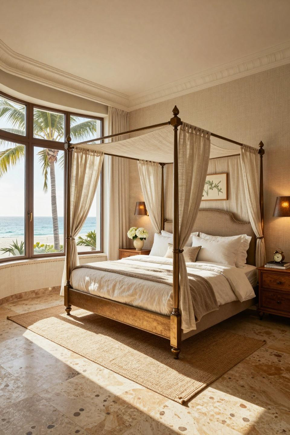 Classy bedroom featuring four-poster bronze bed with linen canopy in Miami penthouse