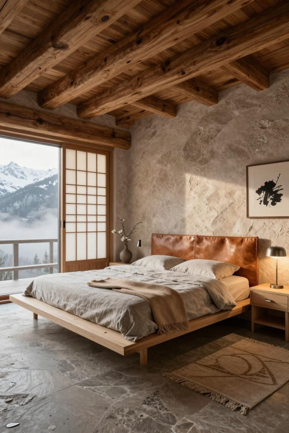 Minimalist neutral bedroom showcasing bleached ash platform bed with tatami base in Verbier