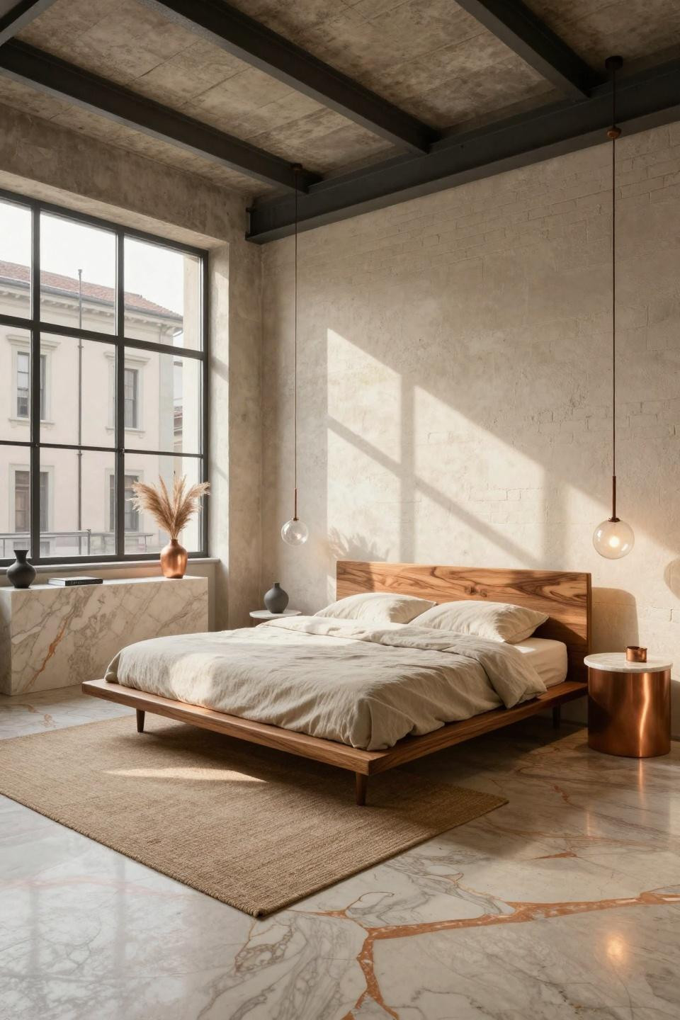 Beige bedroom ideas featuring aged teak platform bed in Milan Centro Storico loft