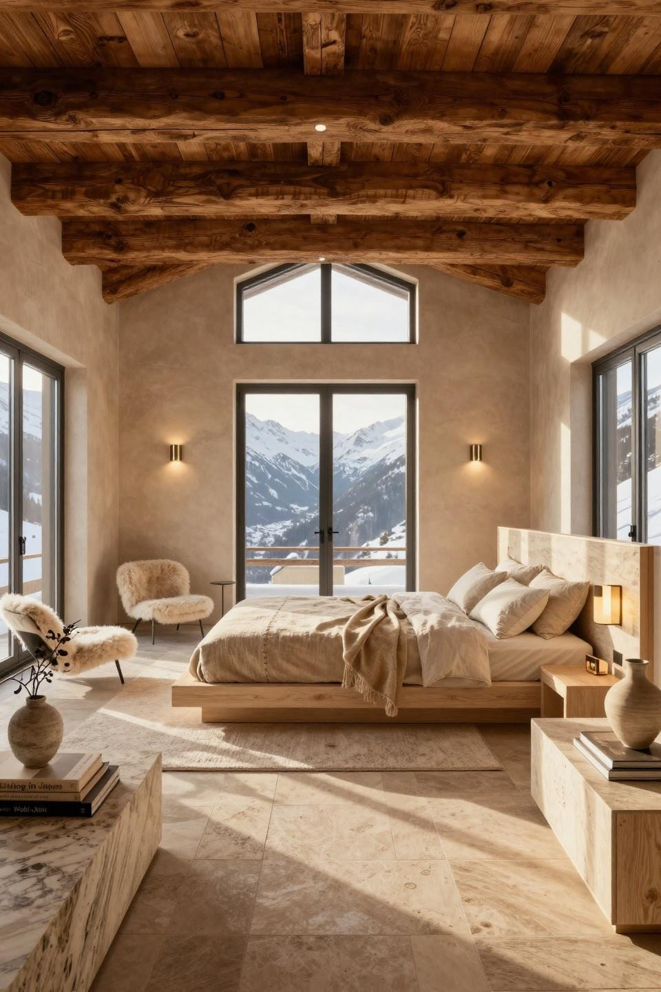Neutral modern bedroom in Swiss Alpine chalet featuring cerused oak bed and French limestone