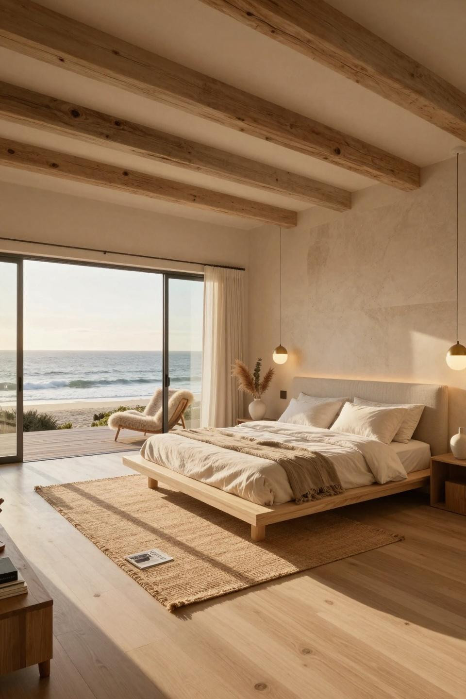 Japandi bedroom featuring white oak platform bed with ocean views in Malibu residence