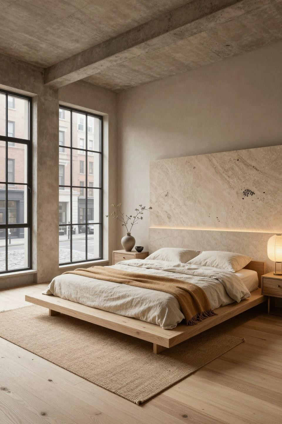 Neutral room ideas showcasing Tribeca loft with low-profile platform bed and limestone accent wall