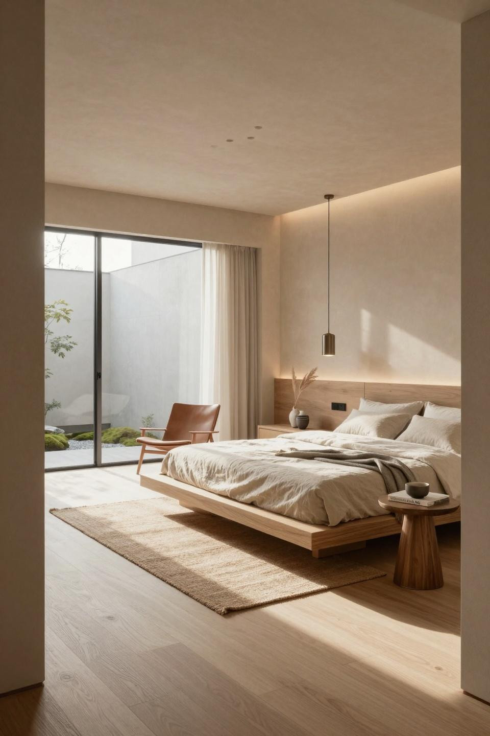 Natural bedroom featuring cerused white oak platform bed with Belgian linen in Japandi villa