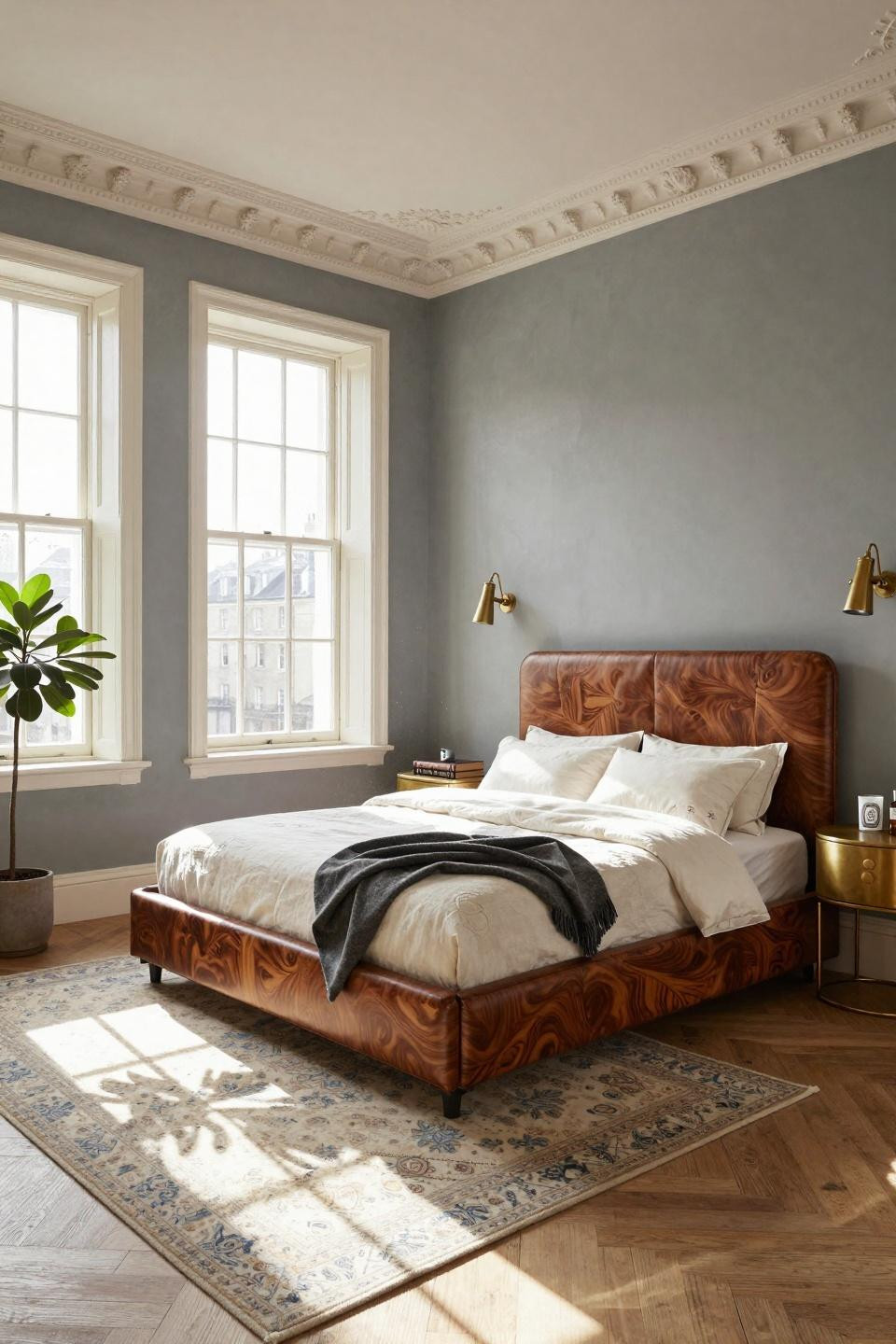 Bloxburg teen room ideas featuring book-matched walnut burl bed platform in London Kensington Georgian townhouse