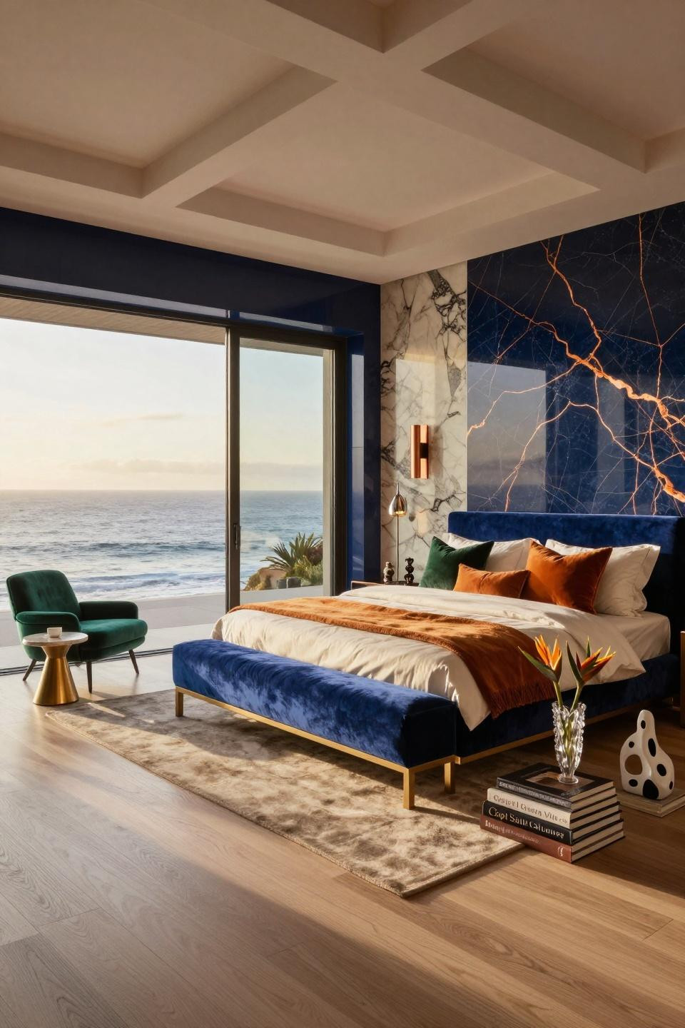 Bloxburg layout ideas featuring RH Modern sapphire velvet bed with brass geometric frame overlooking Pacific Ocean