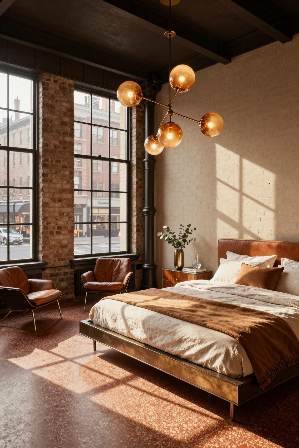 Blocksburg bedroom ideas featuring Lindsey Adelman branching bronze pendant over Holly Hunt platform bed