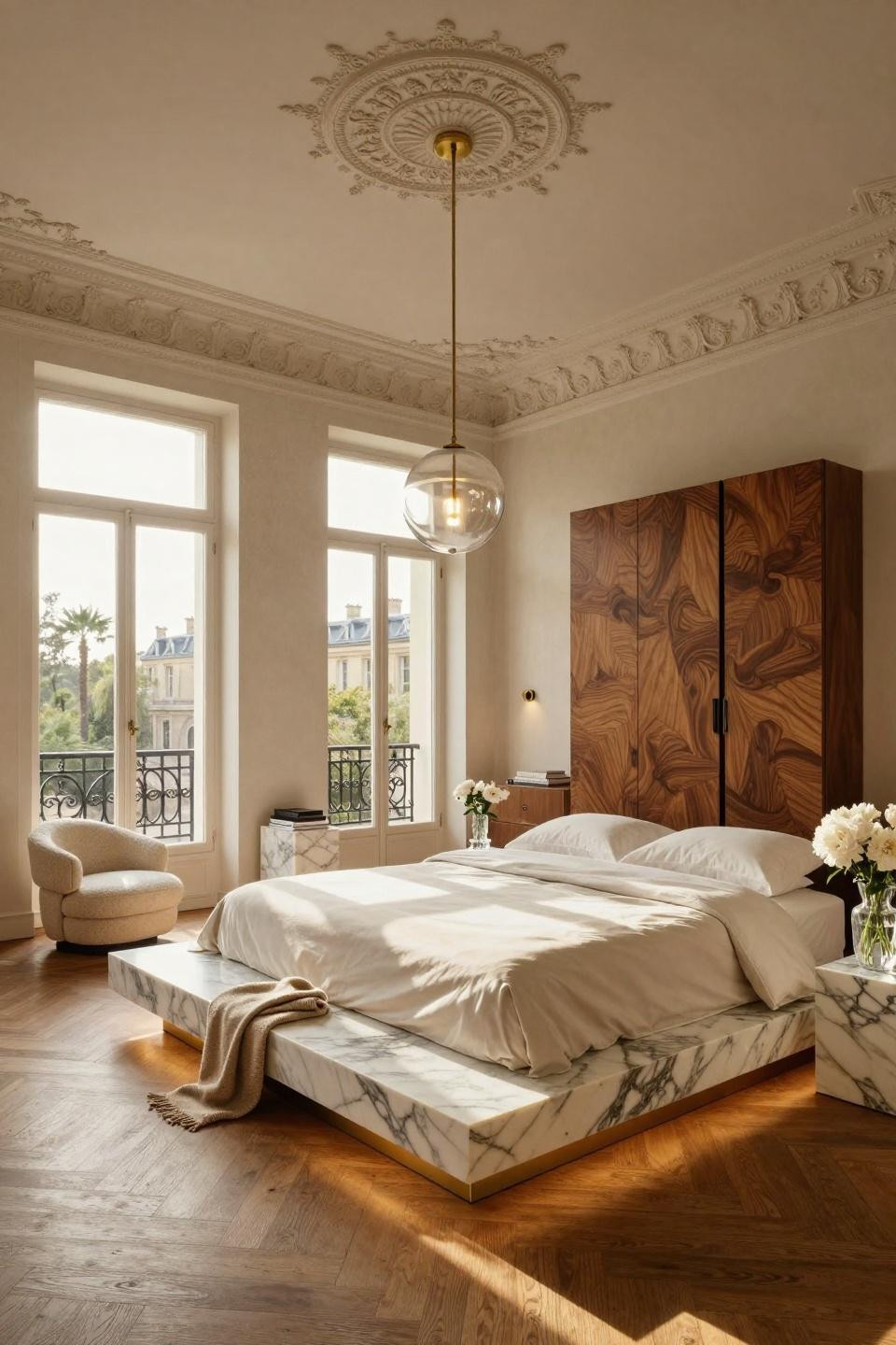 Roblox Bloxburg room ideas featuring book-matched Calacatta Gold marble bed platform in Parisian penthouse