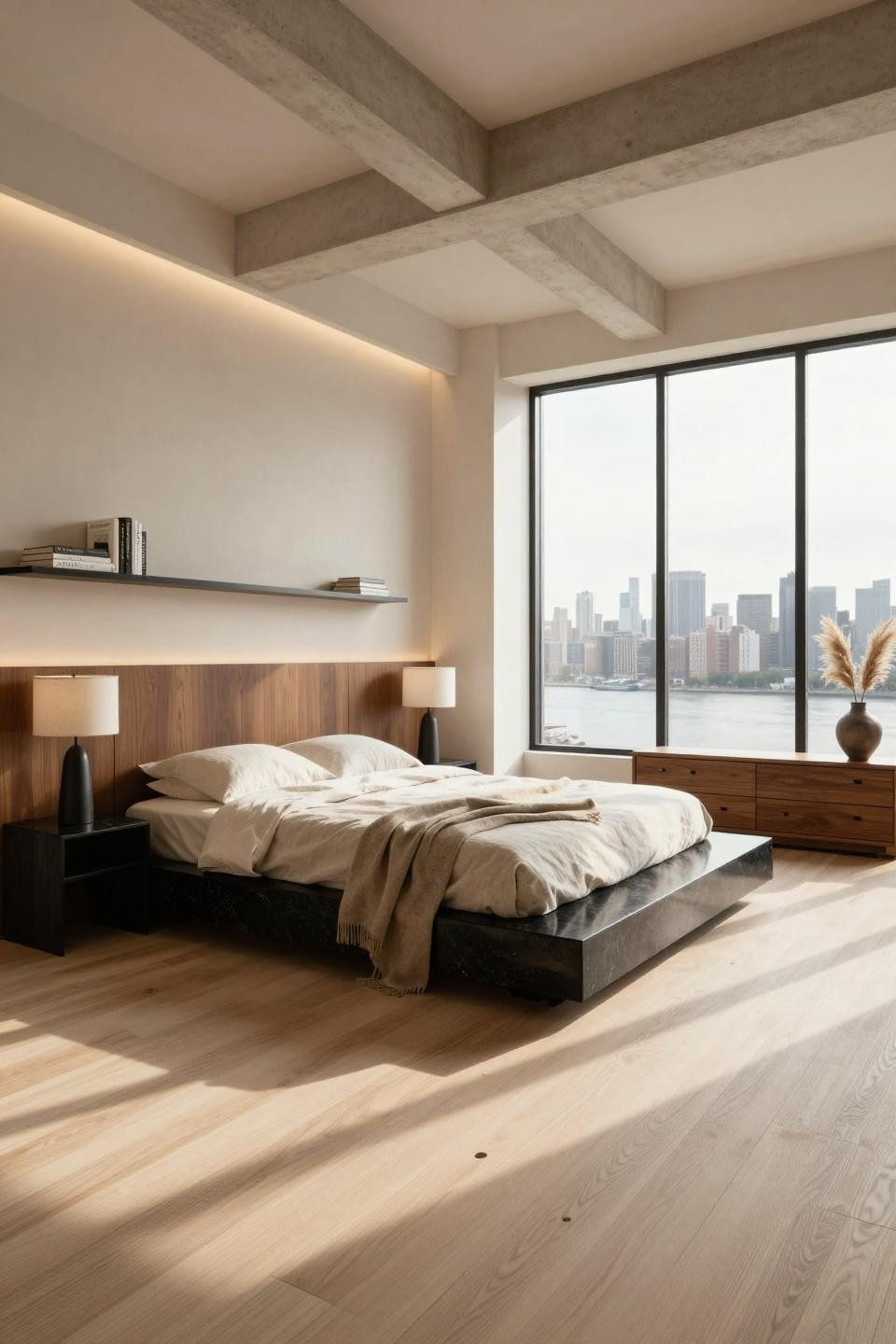 Bloxburg small room ideas featuring honed absolute black granite platform bed in Tribeca penthouse
