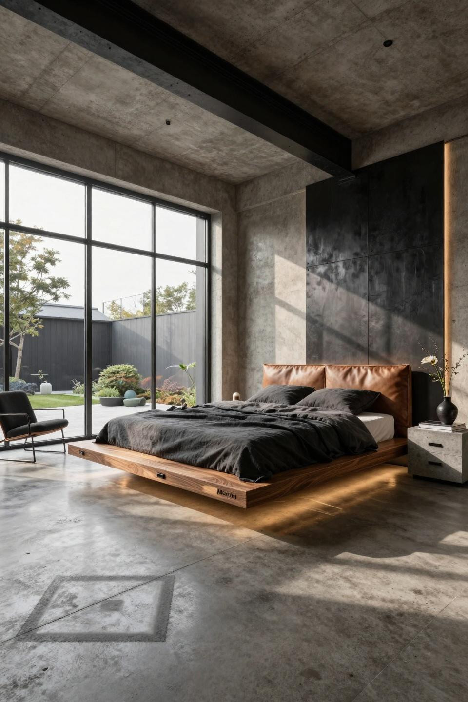 Bloxburg master room ideas featuring floating Douglas fir platform elevated 18 inches in Tokyo Omotesando industrial loft