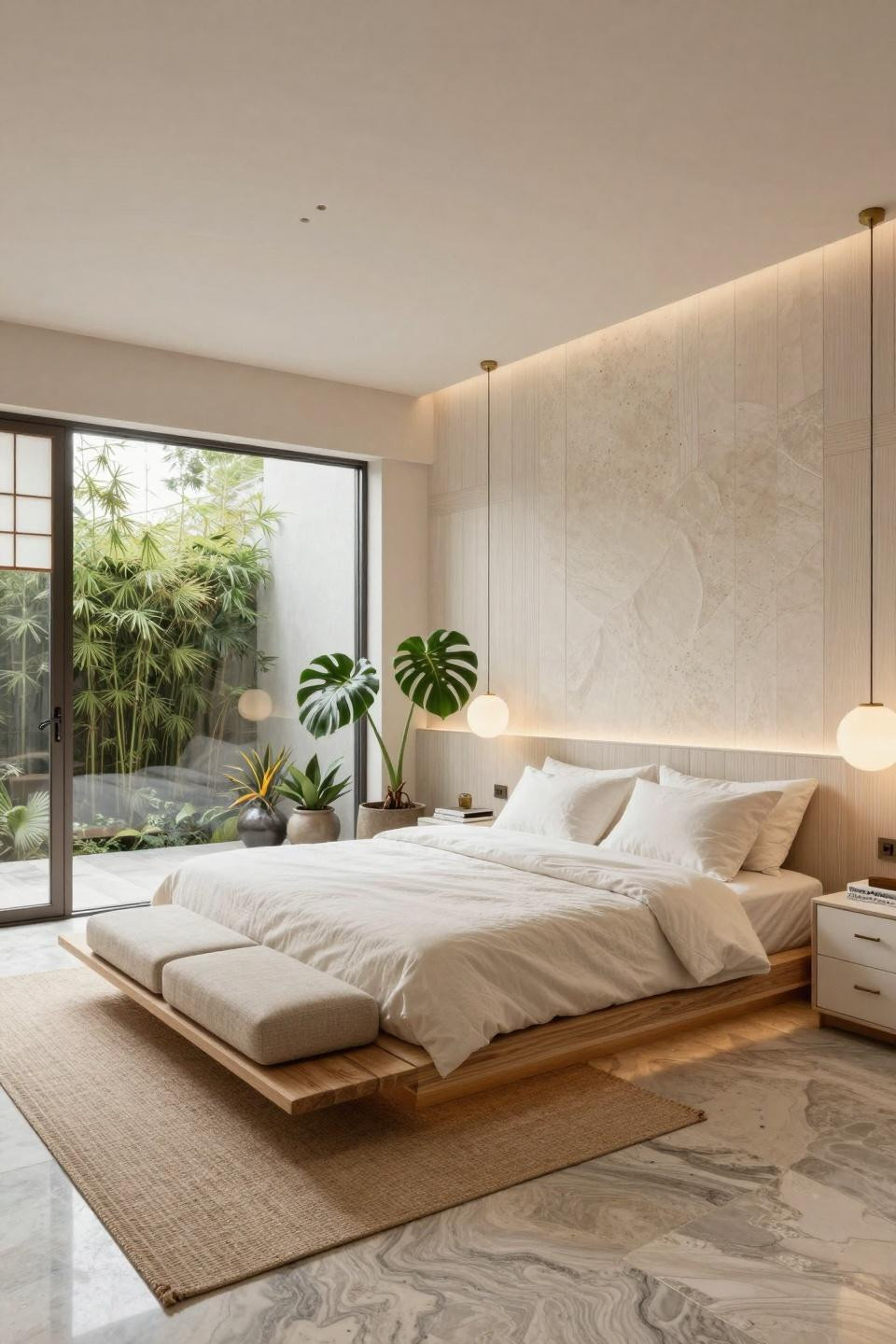 Bloxburg bed ideas showcasing bleached teak platform with LED underglow in Tokyo Omotesando luxury bedroom