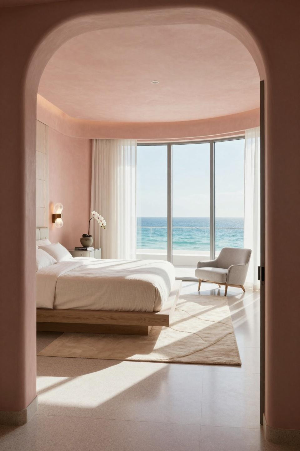 Bloxburg room inspo featuring Christian Liaigre platform bed with tatami headboard in Miami South Beach suite