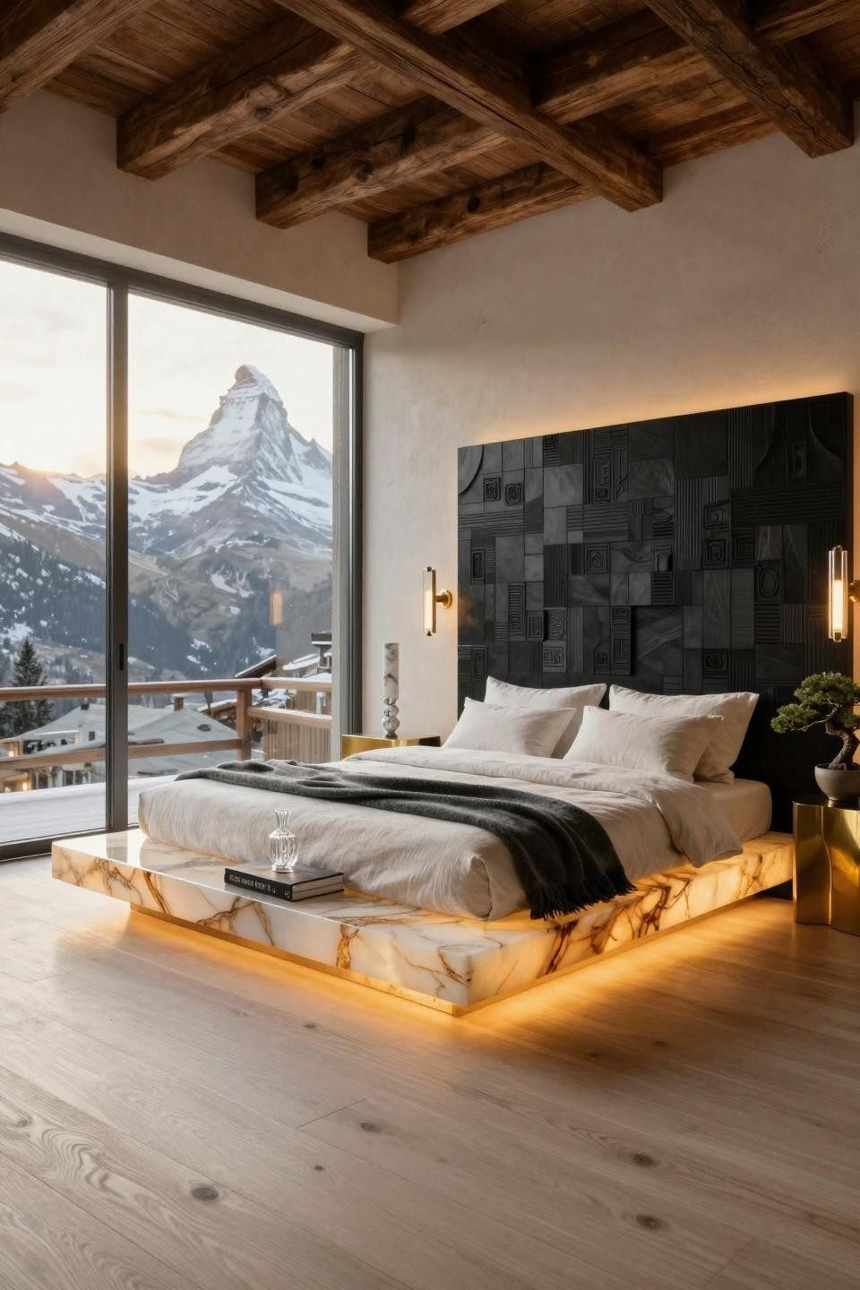 Bloxburg house bedroom featuring floating honey onyx bed platform with LED backlighting in Swiss Alpine luxury chalet