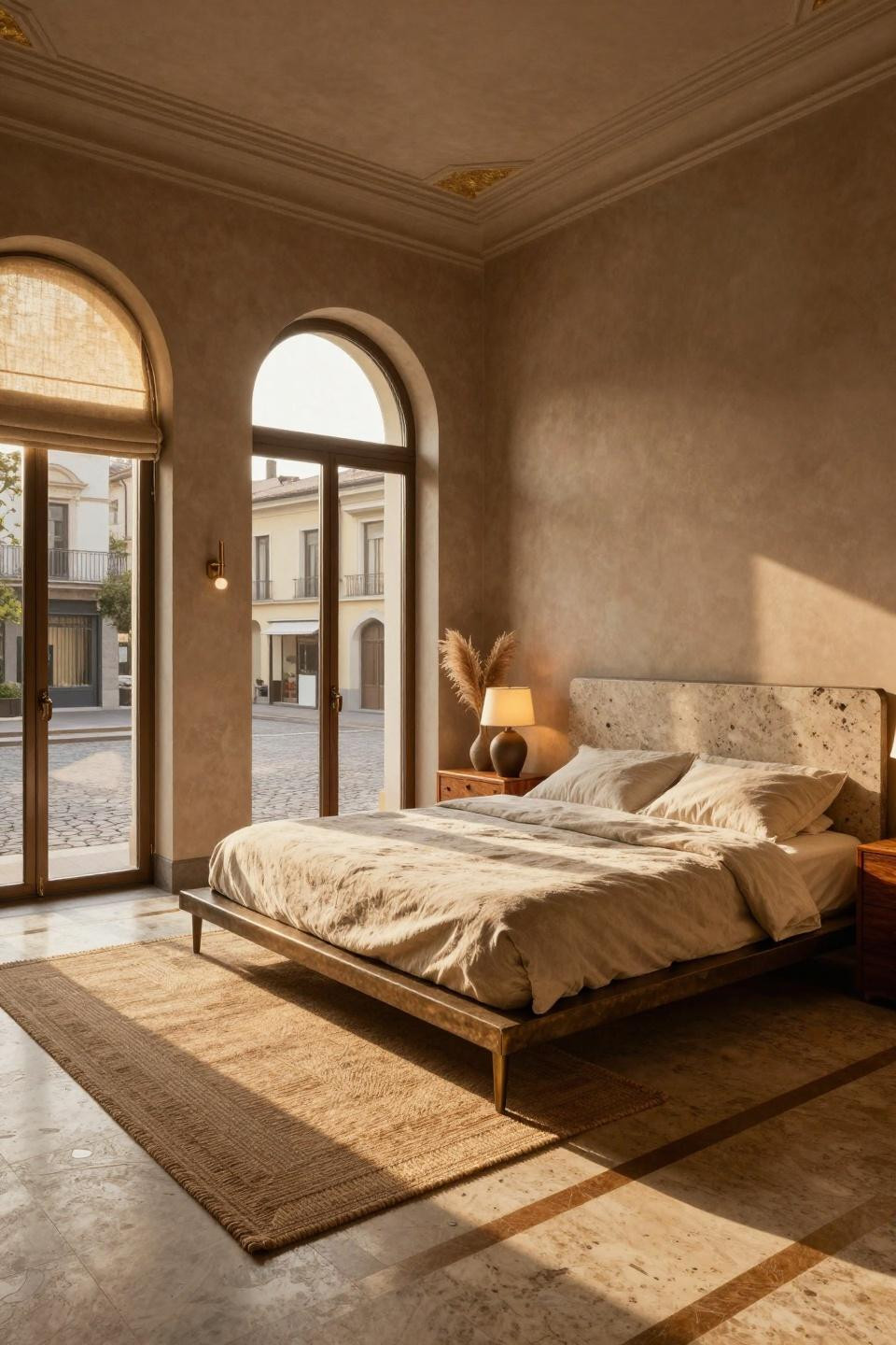 Bloxburg room ideas aesthetic showcasing aged bronze bed frame with travertine headboard in Milan Centro Storico villa