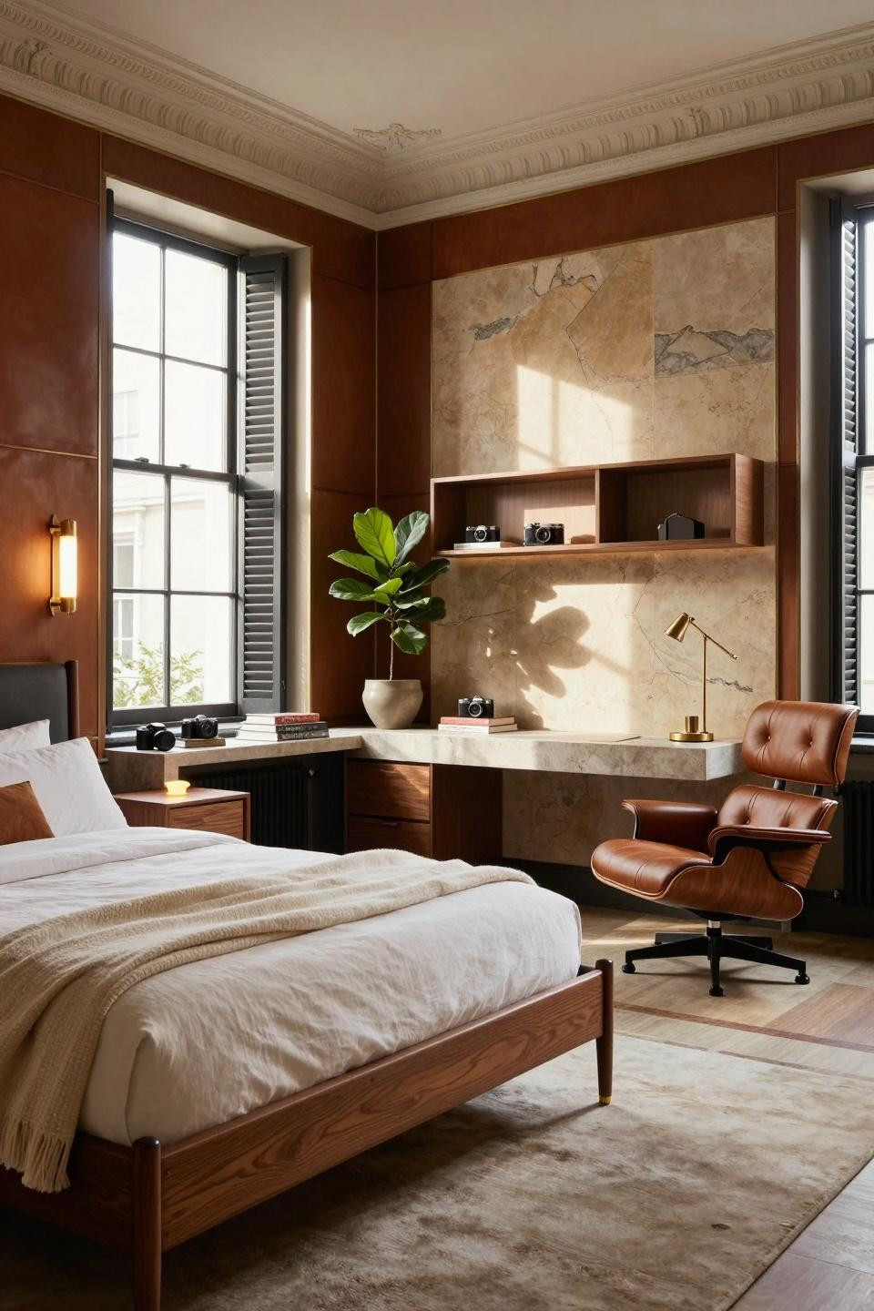 Bloxburg bedroom ideas featuring book-matched stone headboard with integrated LED backlighting in London Georgian conversion