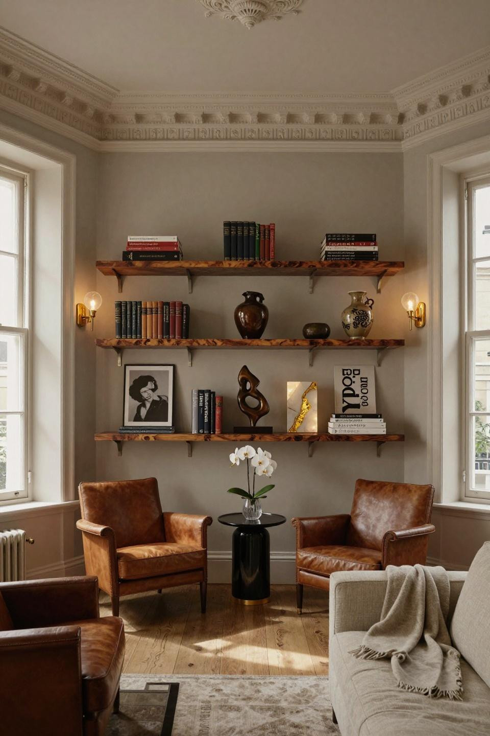 Shelf styling living room with walnut burl floating shelves and backlit onyx in London townhouse