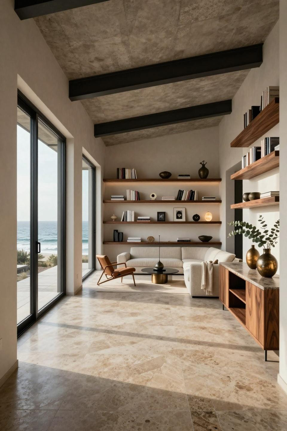 Shelf styling living room with book-matched walnut floating shelves in Malibu beach house