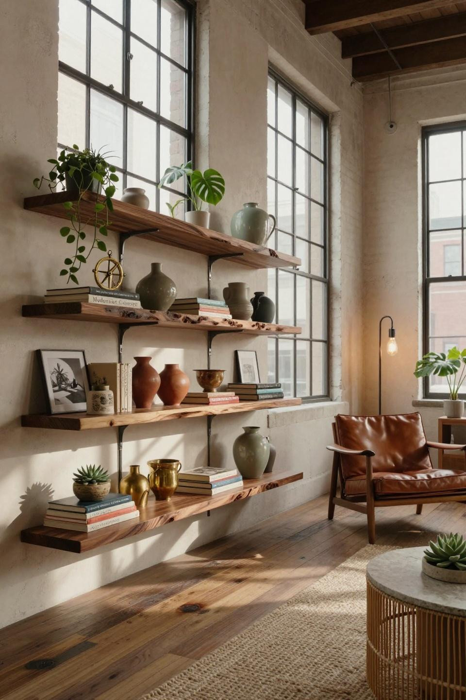 Shelf styling living room with live edge walnut floating shelves in NYC Tribeca loft