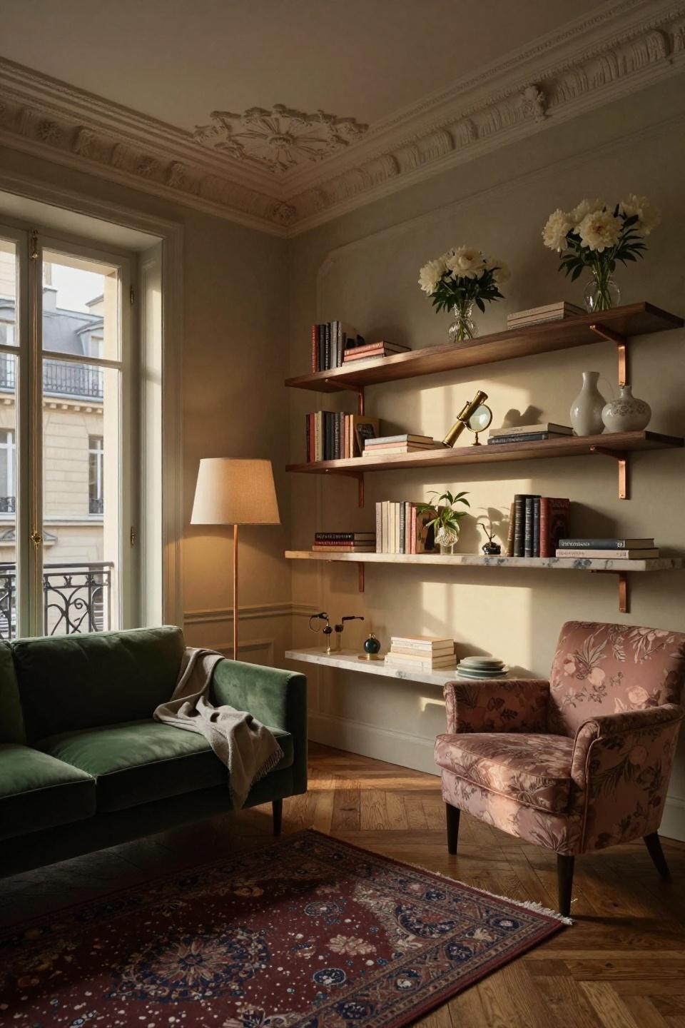 Shelf styling living room with quartzite floating shelves and aged copper brackets in Parisian apartment