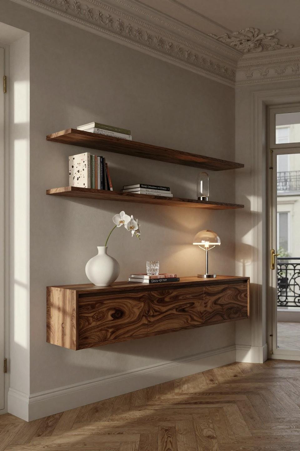 Living room shelf styling with terrazzo bookends and walnut burl in Parisian Haussmann apartment