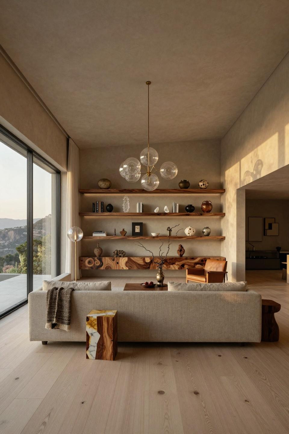 Cosy living room ideas with floating walnut burl shelves and Calacatta marble in Beverly Hills estate