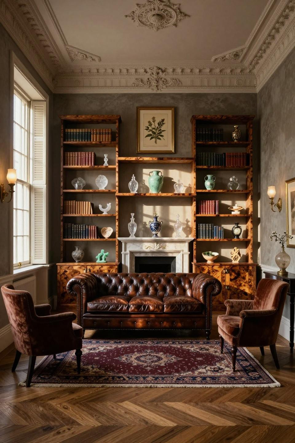 Living room shelving ideas with floating walnut burl system in London Kensington Georgian townhouse