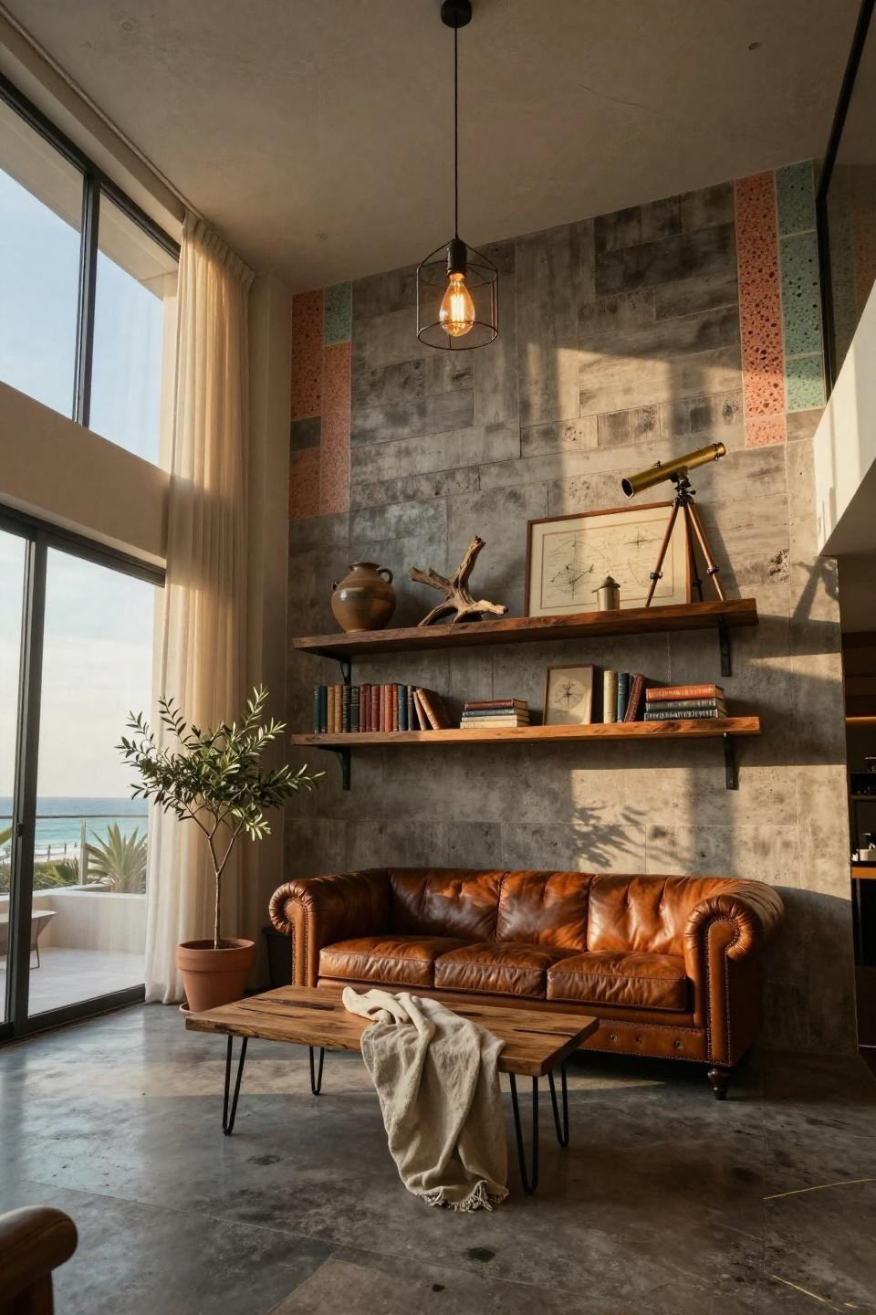 Wall shelf ideas featuring reclaimed barn wood and blackened steel in Miami South Beach penthouse