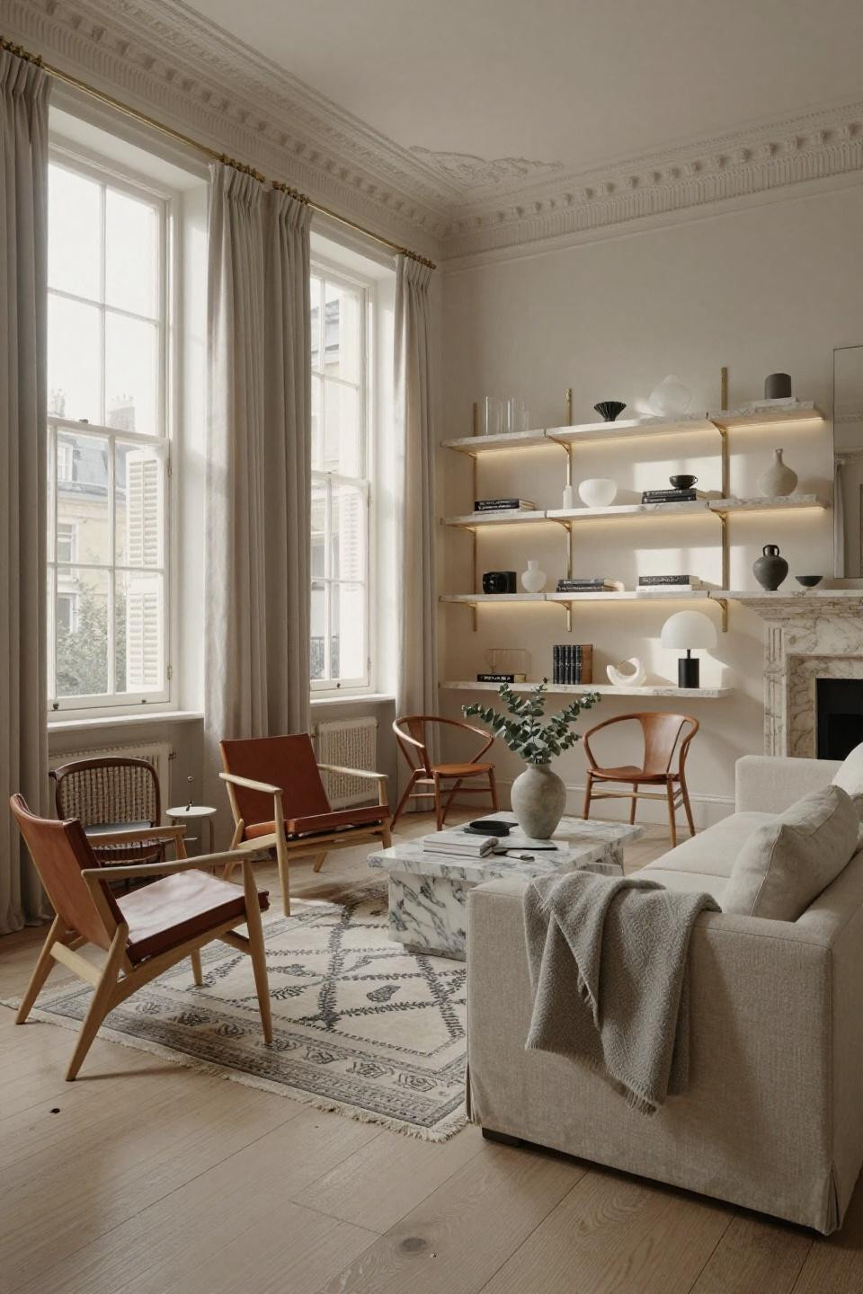 Scandinavian living room with French limestone floating shelves and polished nickel brackets in London townhouse