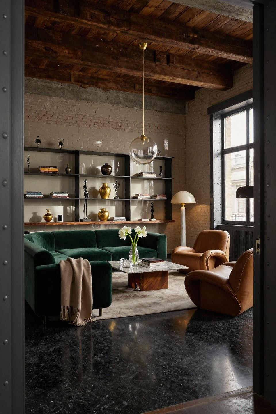 Aesthetic living room featuring blackened steel and ebony floating shelves in Milan Centro Storico loft