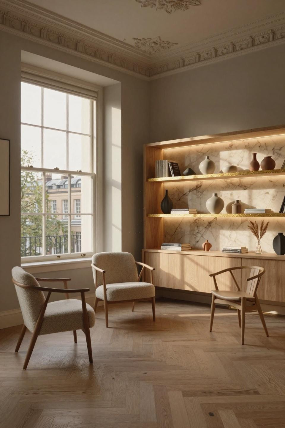 Floating shelf decor with hand-carved pale oak and backlit onyx in London Kensington Georgian townhouse