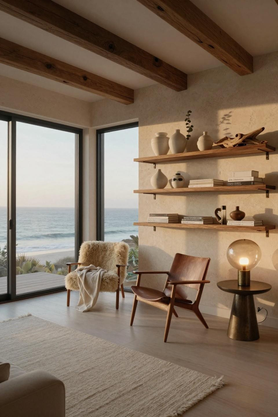 Shelf ideas for living room with floating walnut shelves and bronze brackets in Malibu beach house