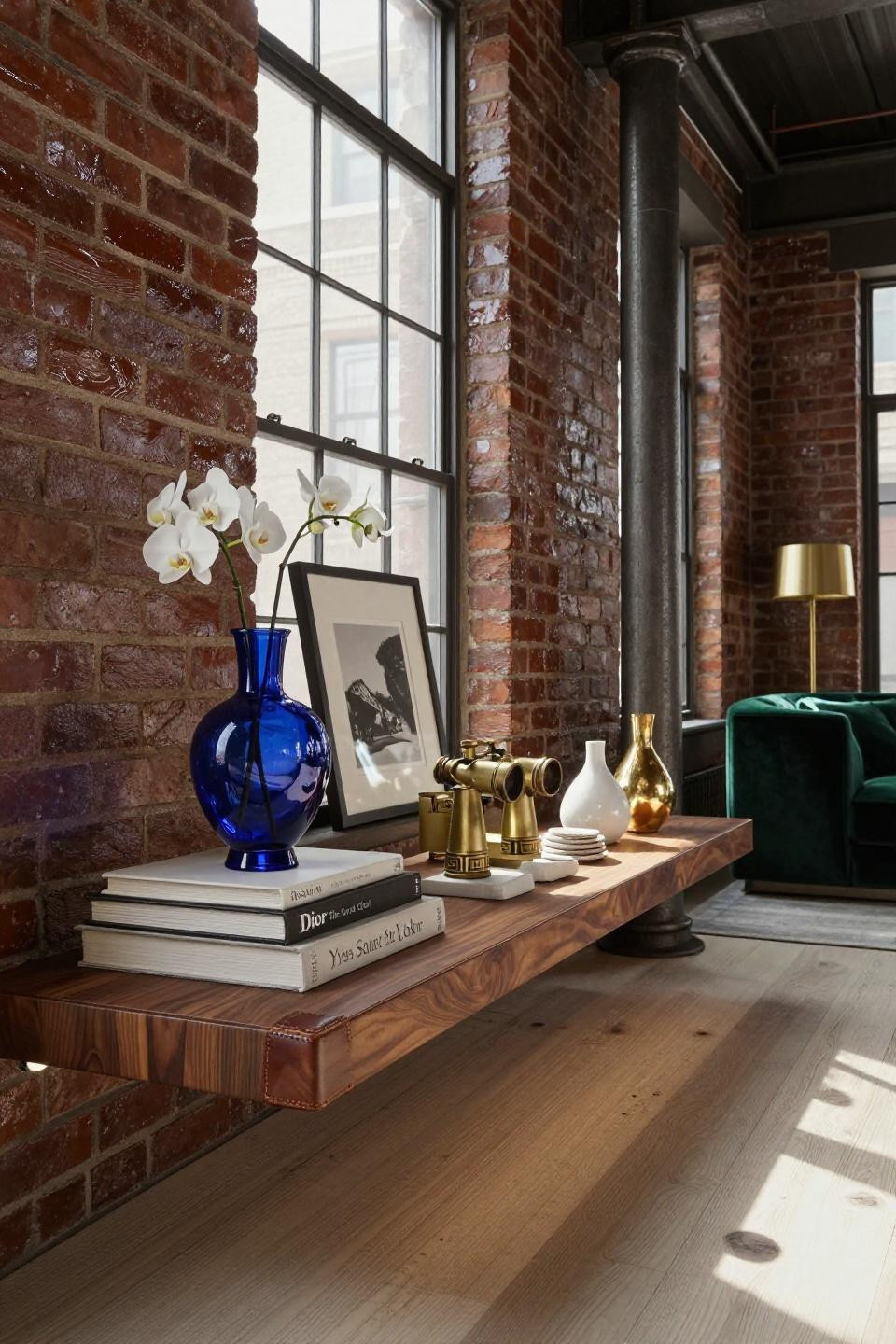 Small living room decor featuring floating walnut shelf with saddle leather edge in Tribeca loft