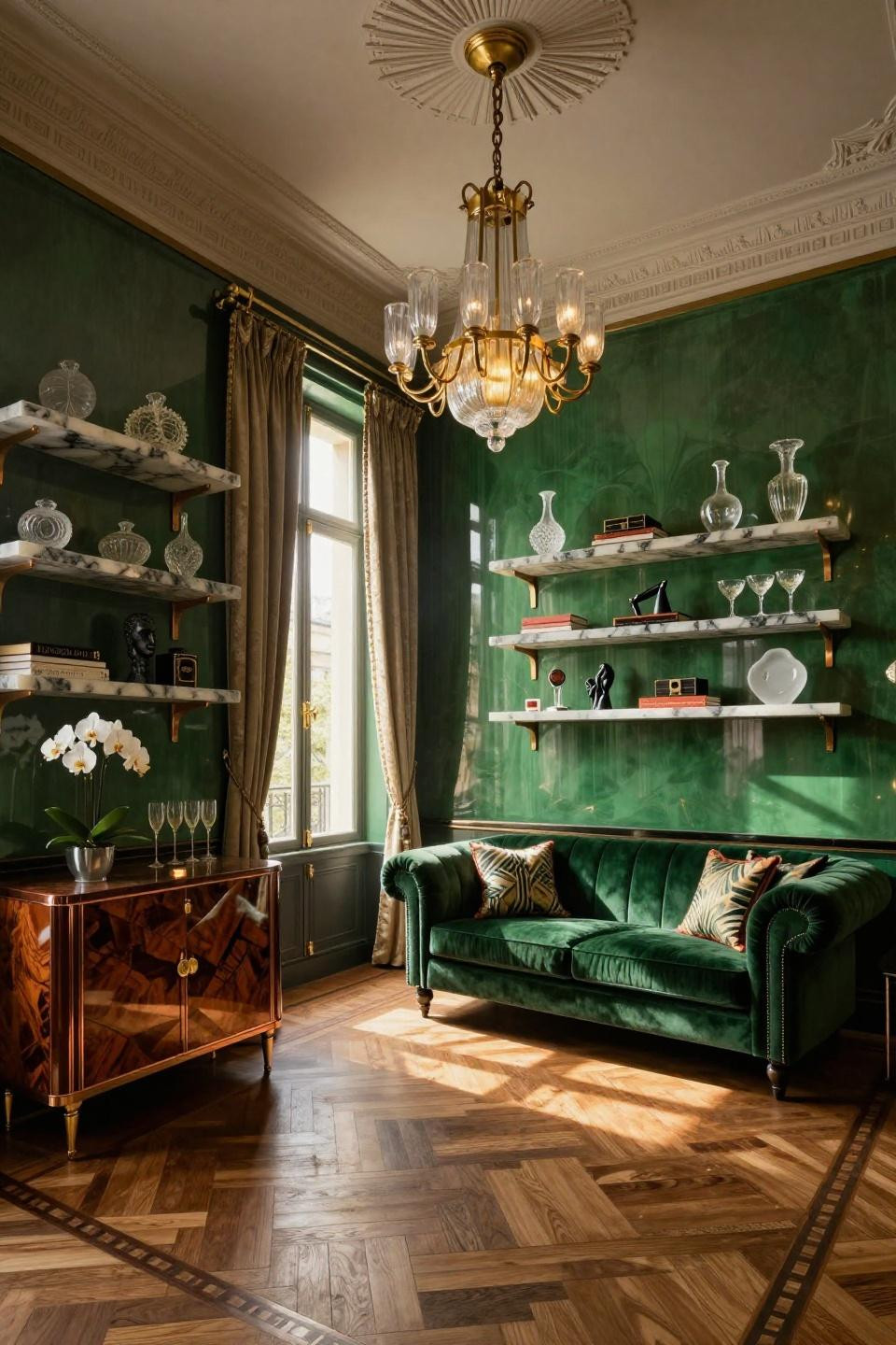 Shelf decor living room with Art Deco quartzite floating shelves and copper brackets in Parisian Haussmann villa