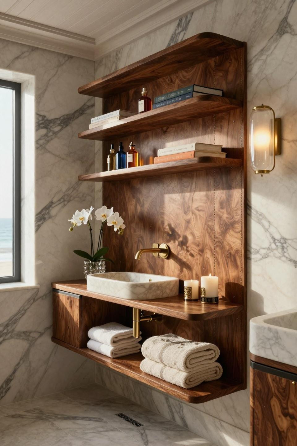 Bathroom shelf decor over toilet with walnut burl and integrated leather backing