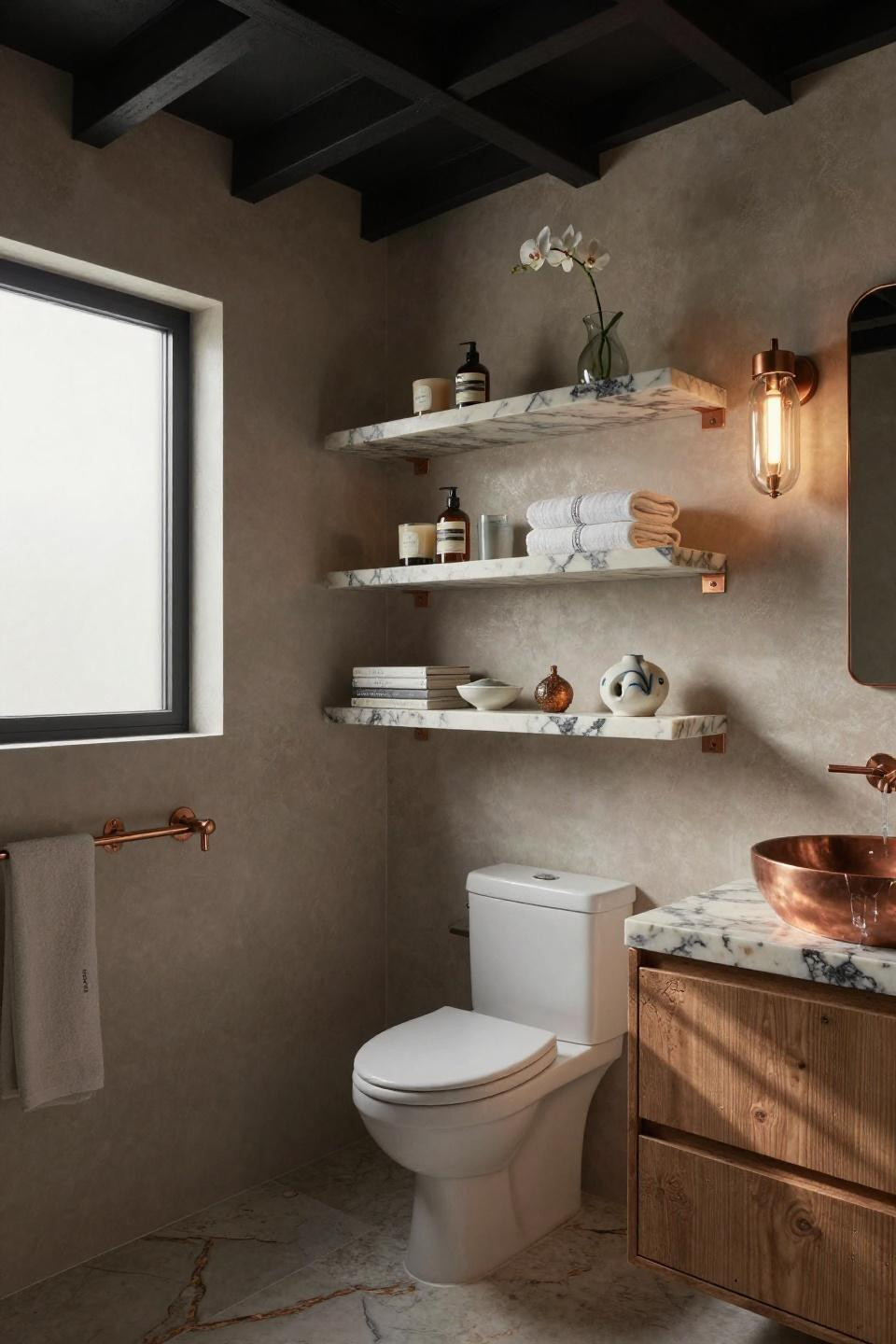 Bathroom shelves over toilet in book-matched quartzite with copper brackets