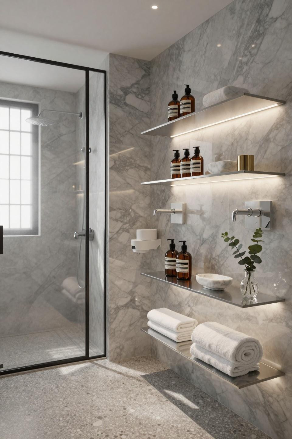 Bathroom shelves decor ideas with brushed chrome and thick glass floating shelves