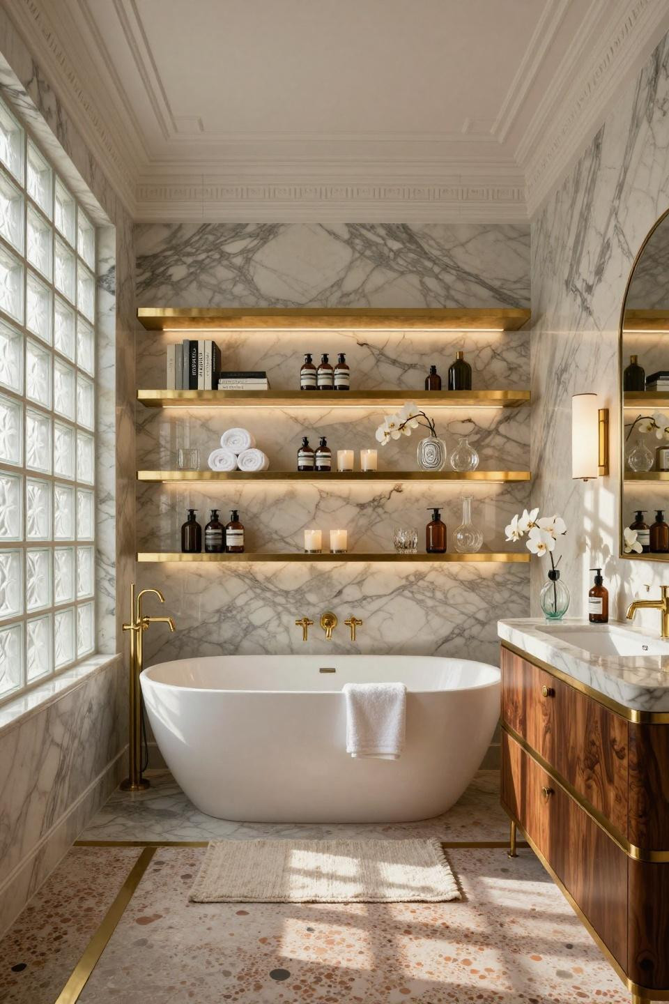 Tiny bathroom ideas with brushed brass floating shelves and Calacatta Gold marble