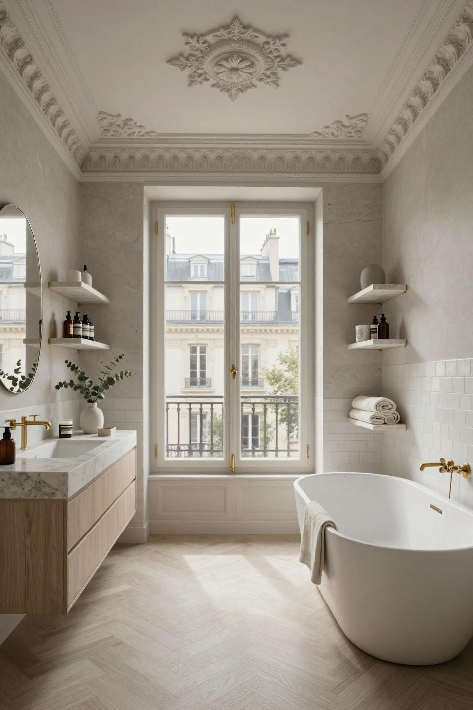 Modern bathroom ideas with floating limestone shelves and satin nickel brackets