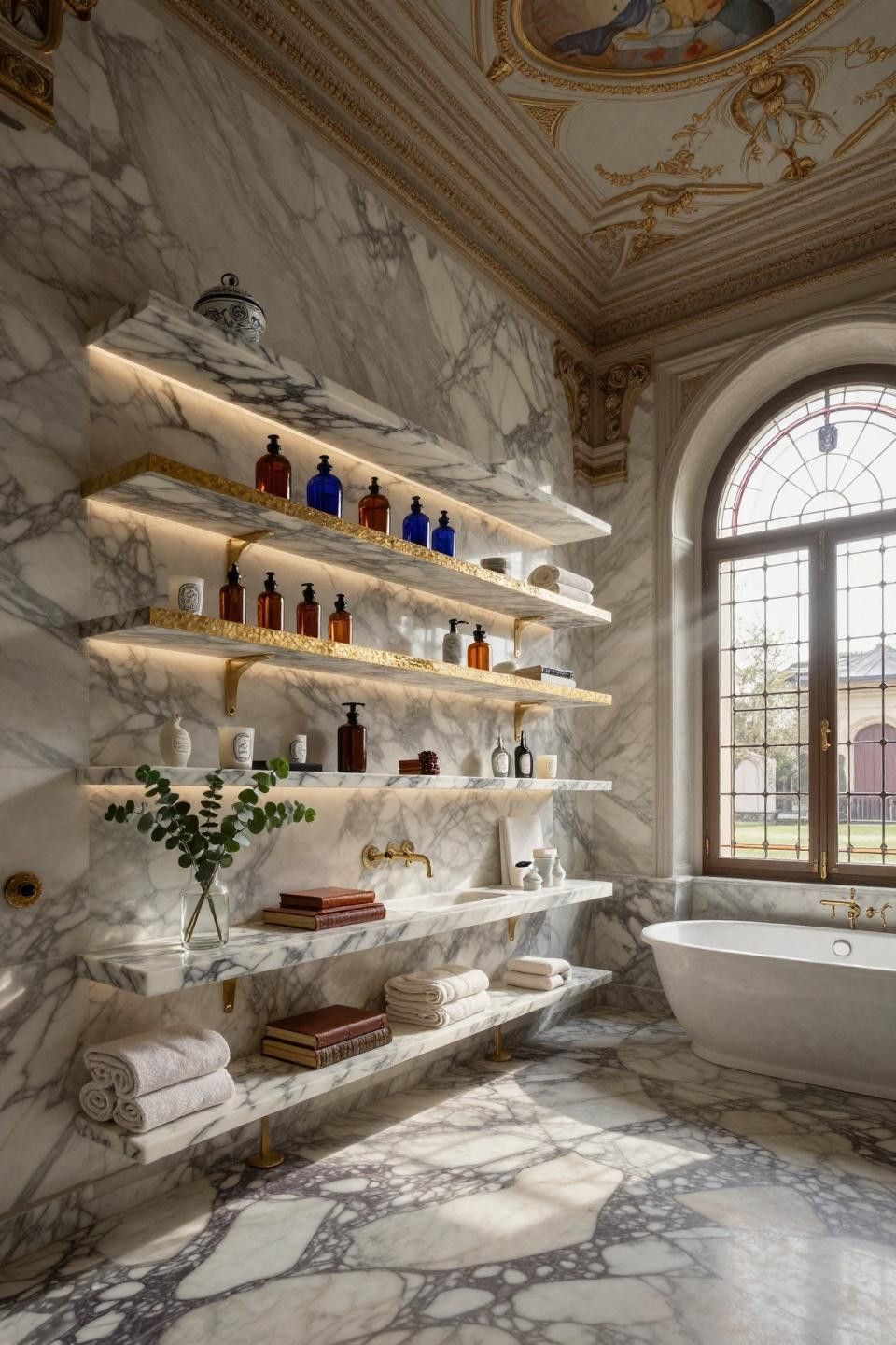 Bathroom wall shelf in three-inch Calacatta Gold marble with hand-hammered brass brackets