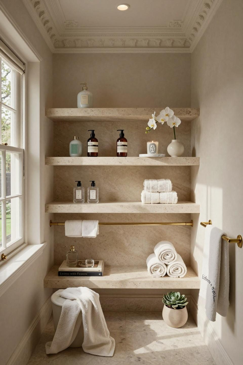 Small bathroom decor with custom limestone shelving and polished nickel brackets