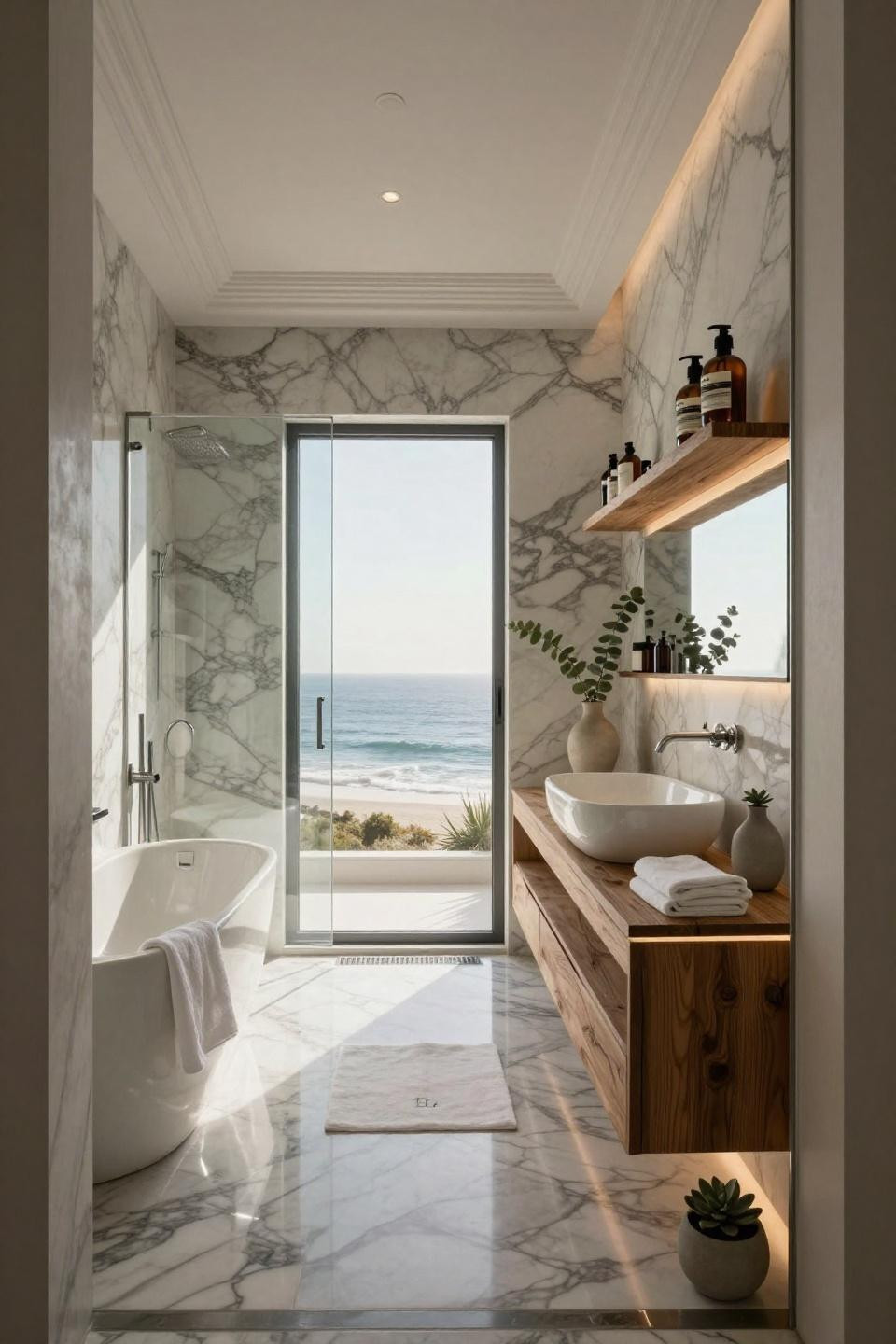 Bathroom shelf styling with bleached ash wood and Art Deco platinum fixtures