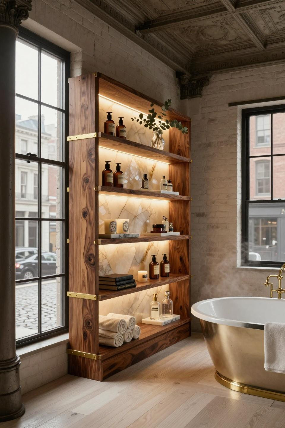 Small full bathroom ideas with floor-to-ceiling walnut shelving and honey onyx