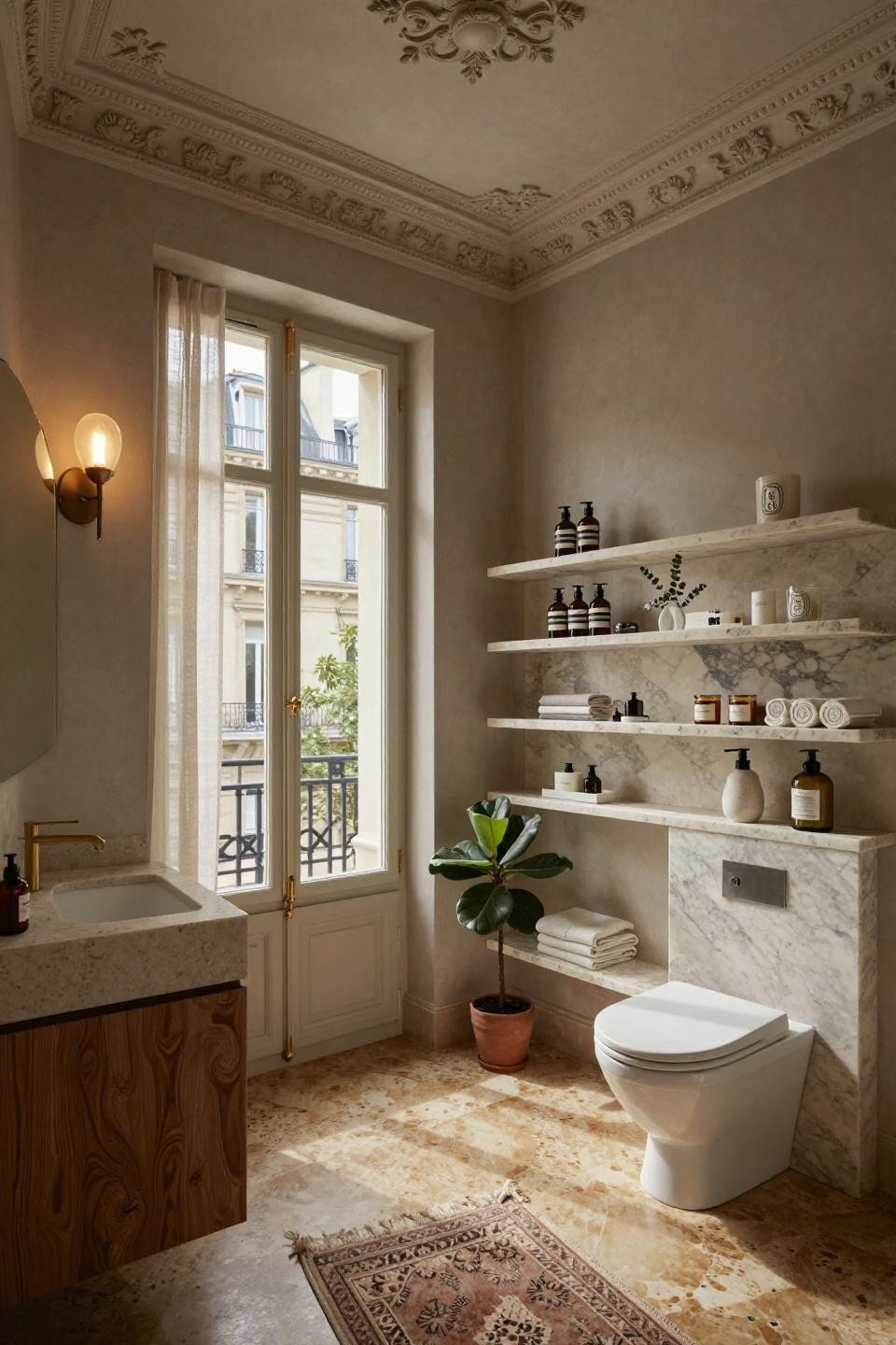 Bathroom aesthetic with floating travertine shelves and Dornbracht brass fixtures