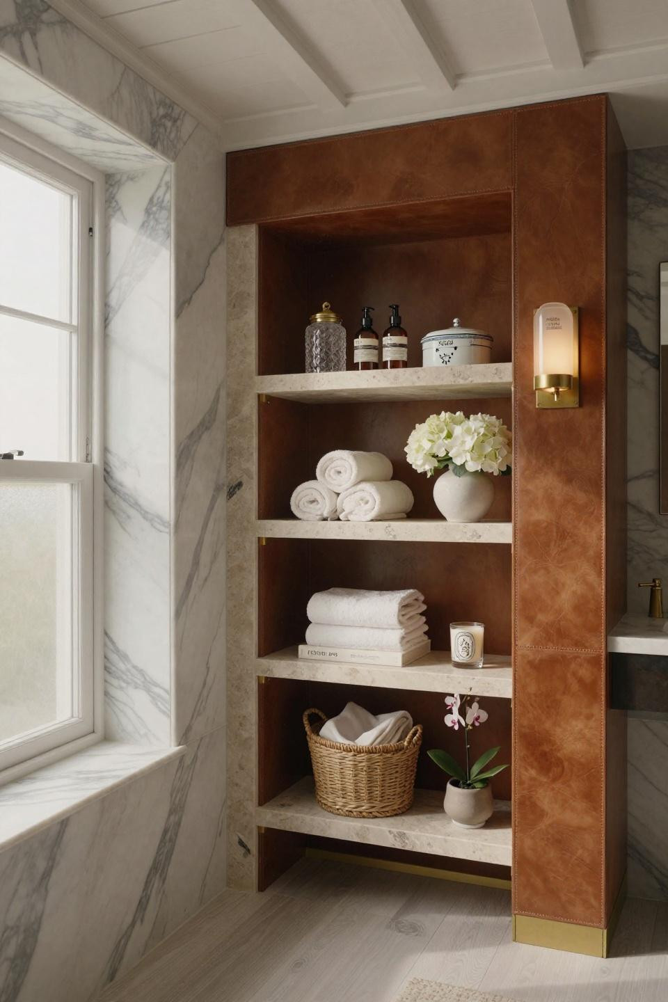 Bathroom shelf decor over toilet with Calacatta Borghini marble and leather-wrapped shelving