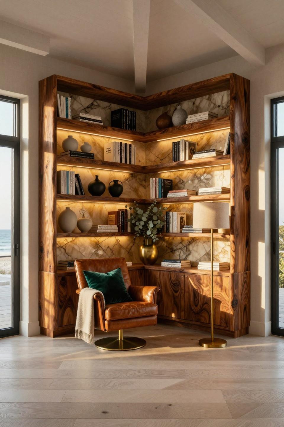 Small corner bookshelf with ebony wood and backlit onyx panels
