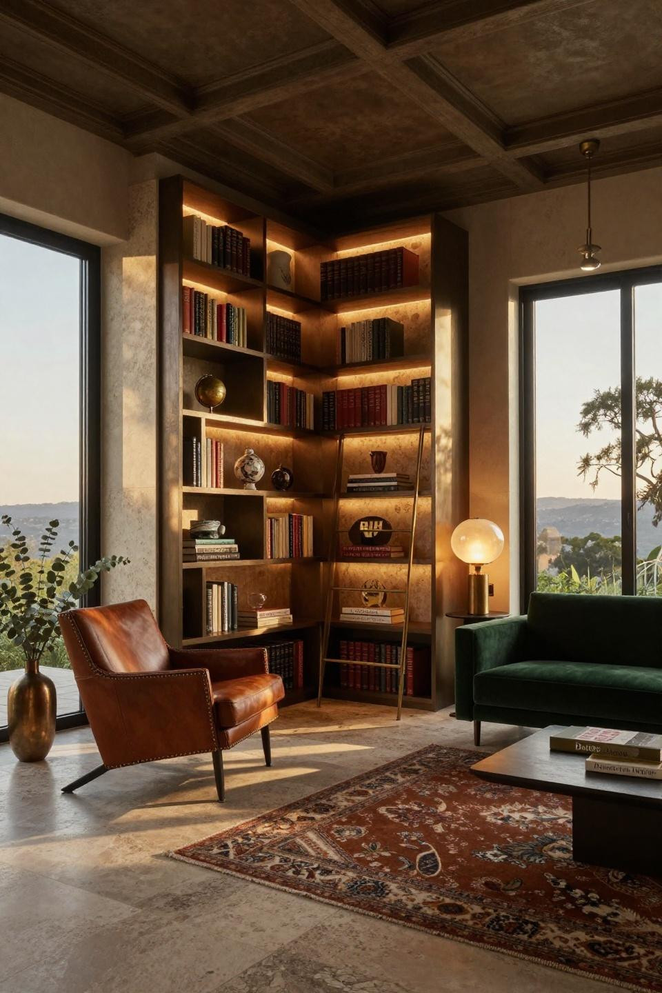 Small corner bookshelf with travertine stone and brushed bronze framework