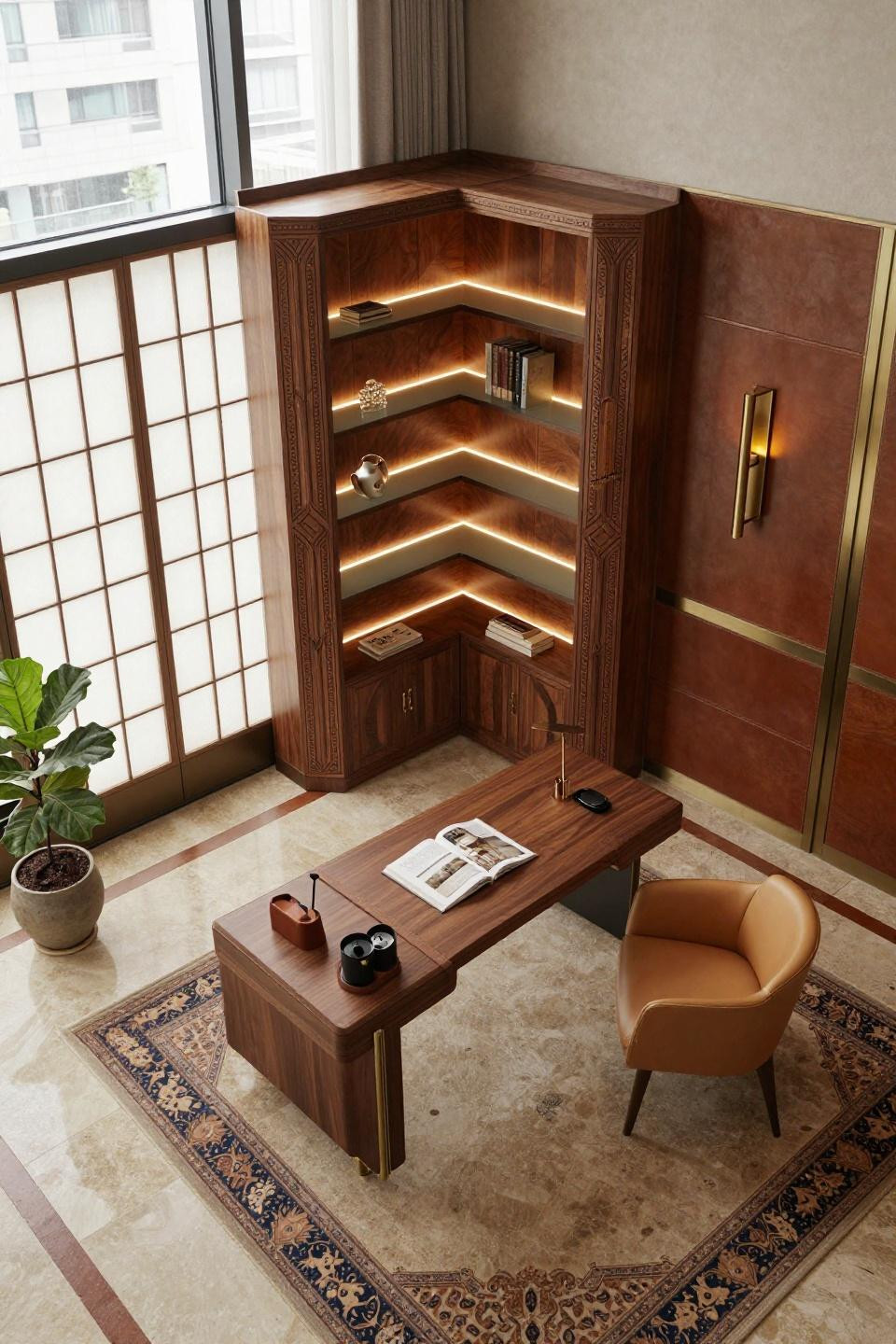 Small corner bookshelf with hand-carved rosewood and saddle leather panels