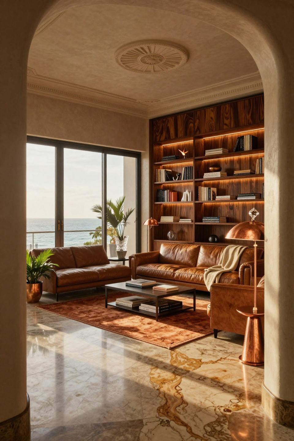 Small corner bookshelf with book-matched walnut burl and copper sconces