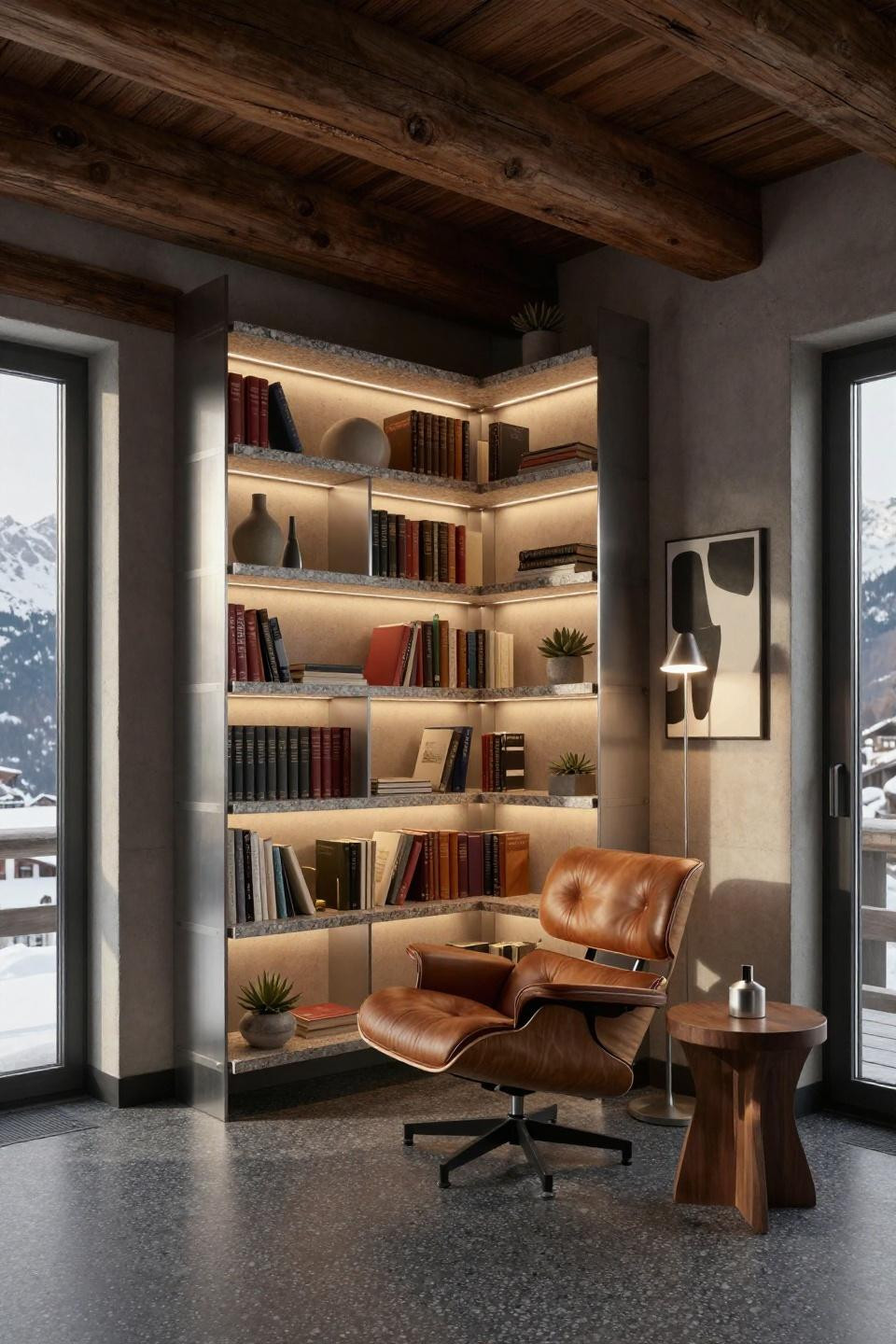 Small corner bookshelf with brushed chrome framework and terrazzo shelves